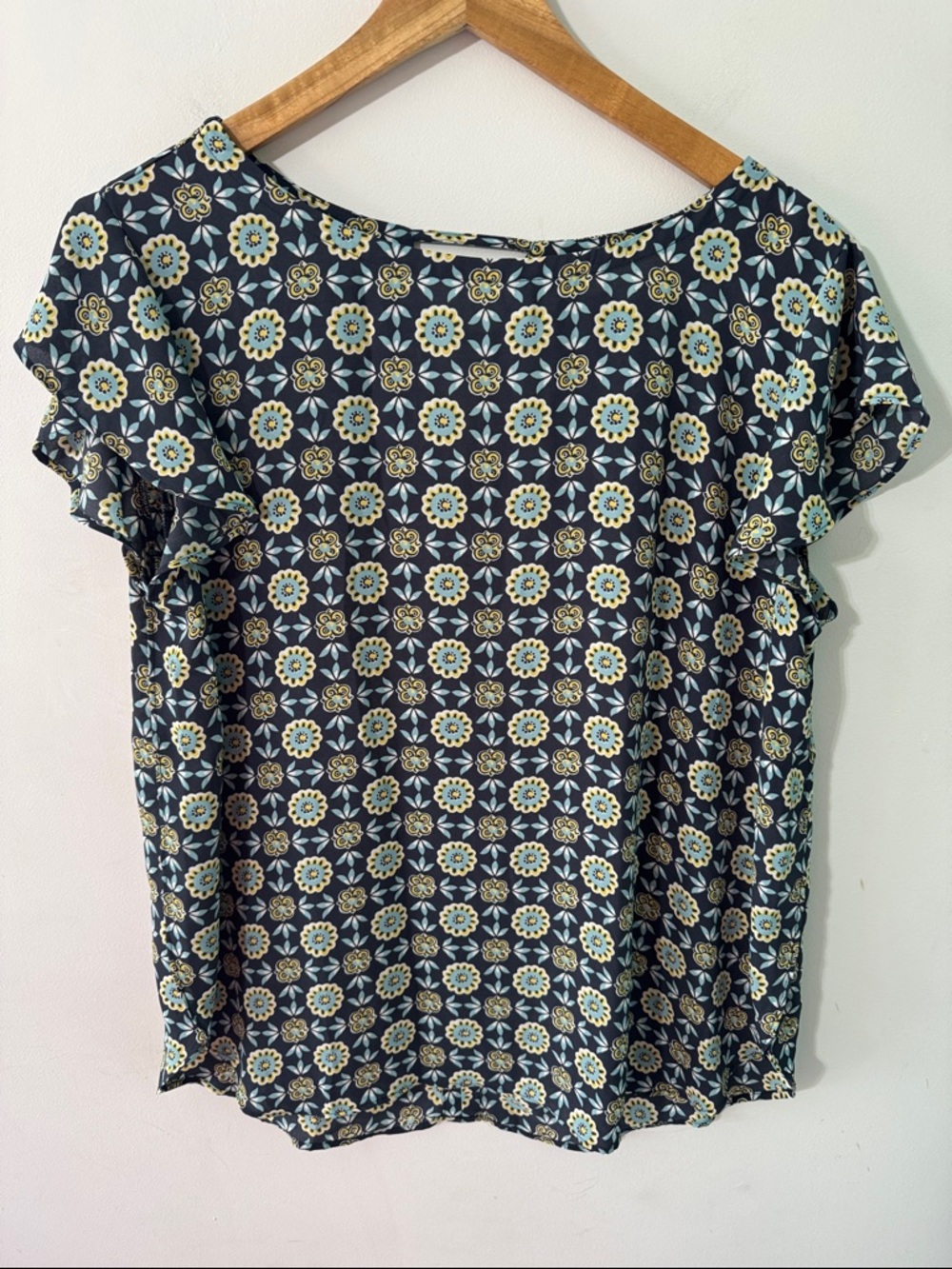 LOFT Navy yellow Floral Short-Sleeve Blouse shirt top size large